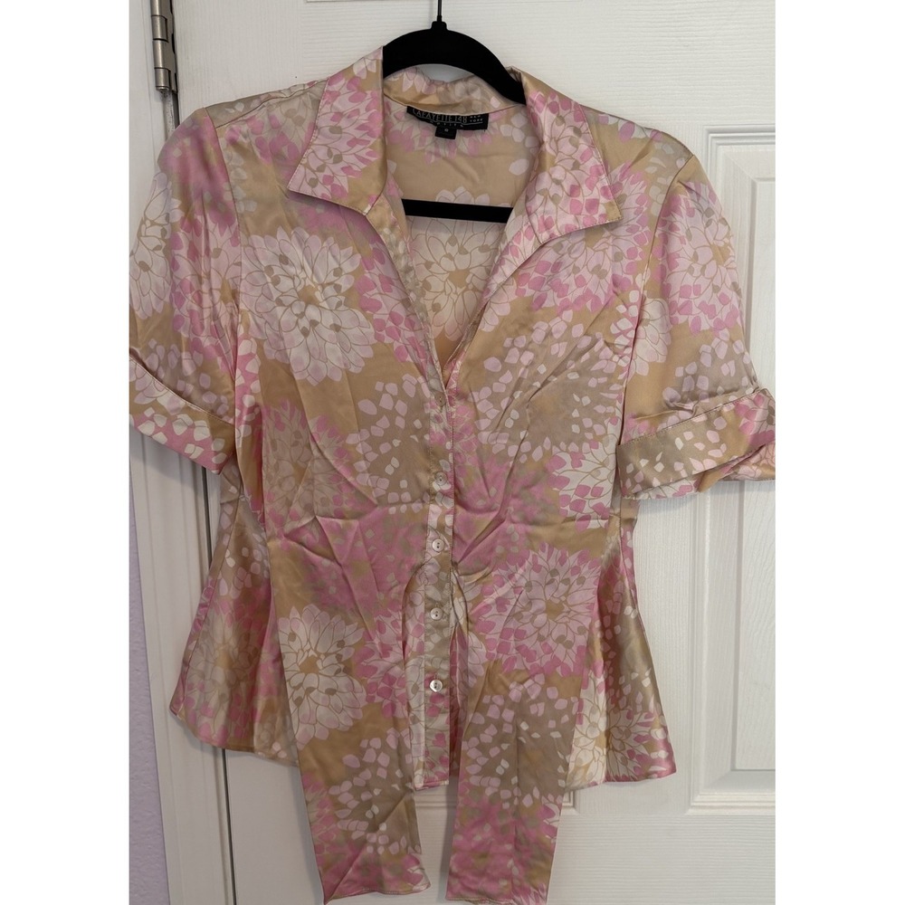 Lafayette 148 Petite Sz 8 Silk Blouse Asian Floral Front Tie Business Luxury EUC